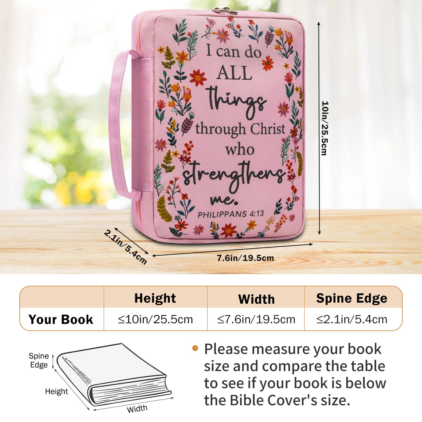 Pink Floral Philippians 4:13 Bible Cover for Women | Zipper Scripture Case with Handle