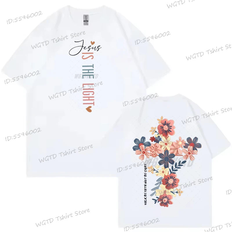 Jesus Is The Light Inspirational Floral Cross T Shirt