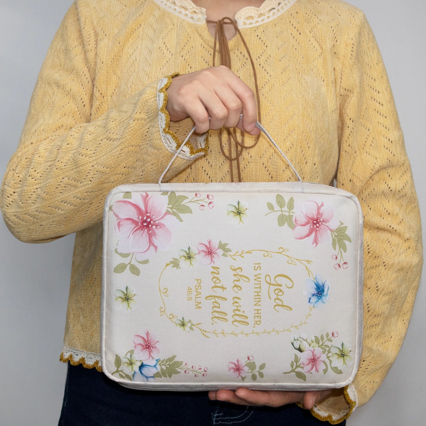 "God Is With Her" Psalm 46:5 Floral Bible Cover with Zipper & Handle