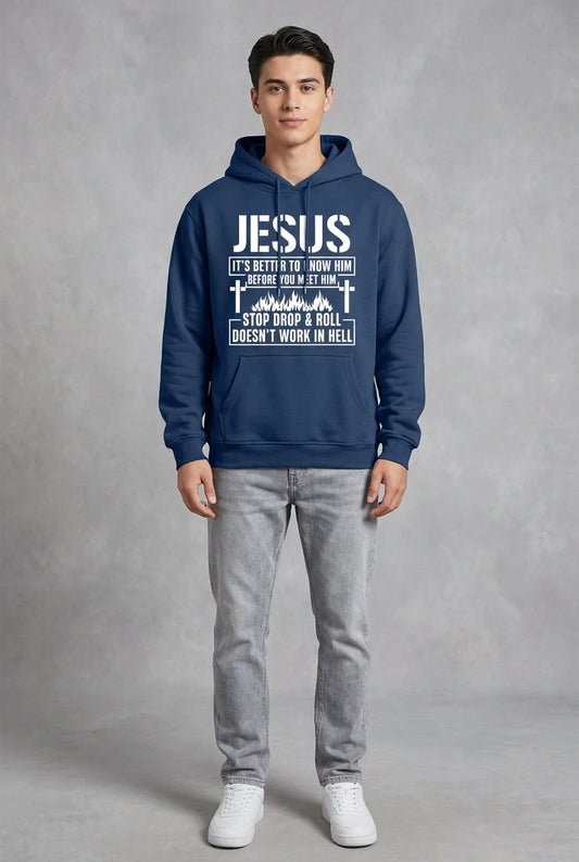 A person wearing a navy blue hoodie with a large white graphic text print on the front, paired with light gray jeans, shown against a dark gray background.