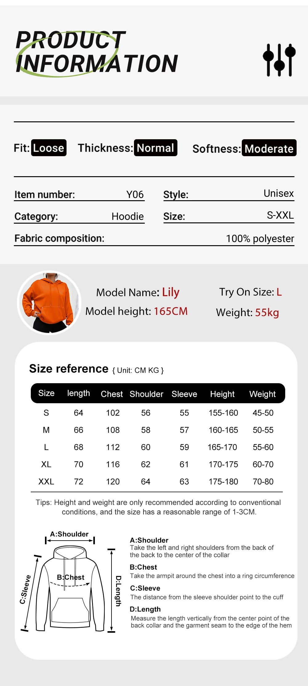 Product information sheet for a hoodie with size chart and fabric composition details.