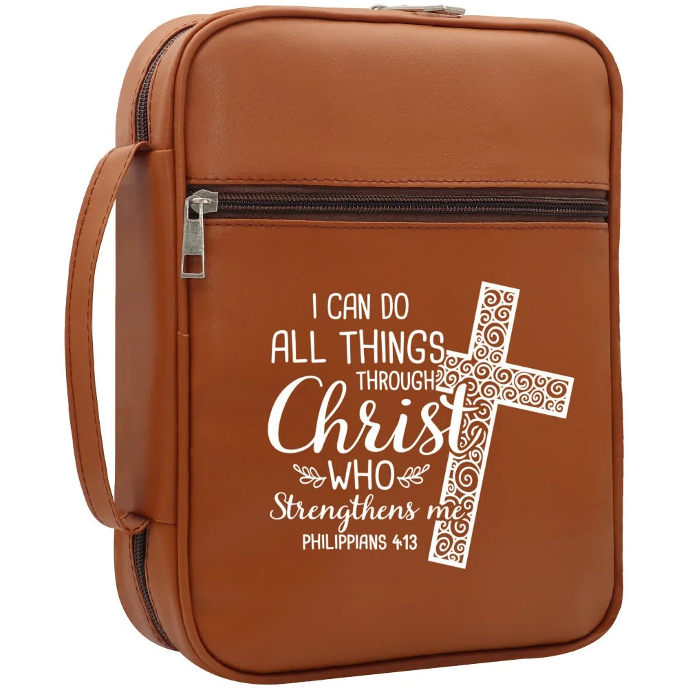 Christian Bible Cover with Handle – "I Can Do All Things Through Christ" Zipper Bible Case Organizer