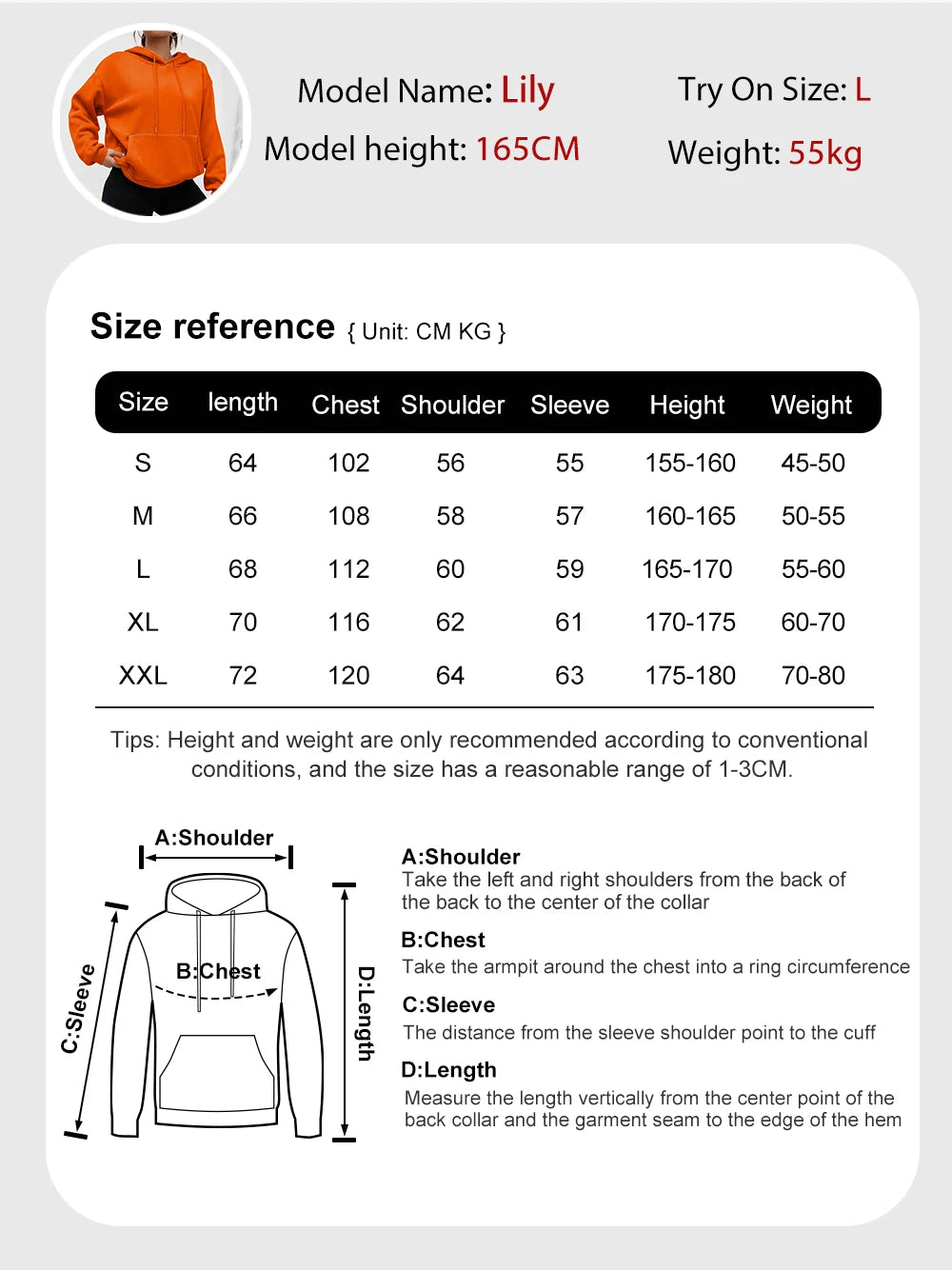 Size chart for a hoodie with measurements and a model reference