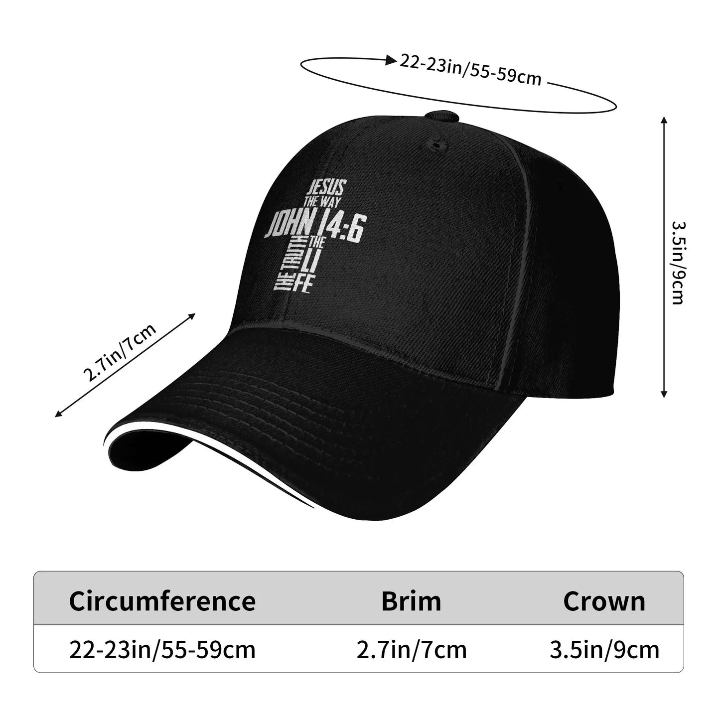 Black cap with snowflake design and measurements on a white background