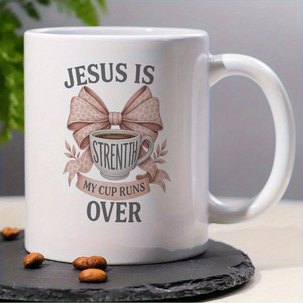 Jesus Is My Strength Ceramic Coffee Mug – Floral Bow Scripture Mug