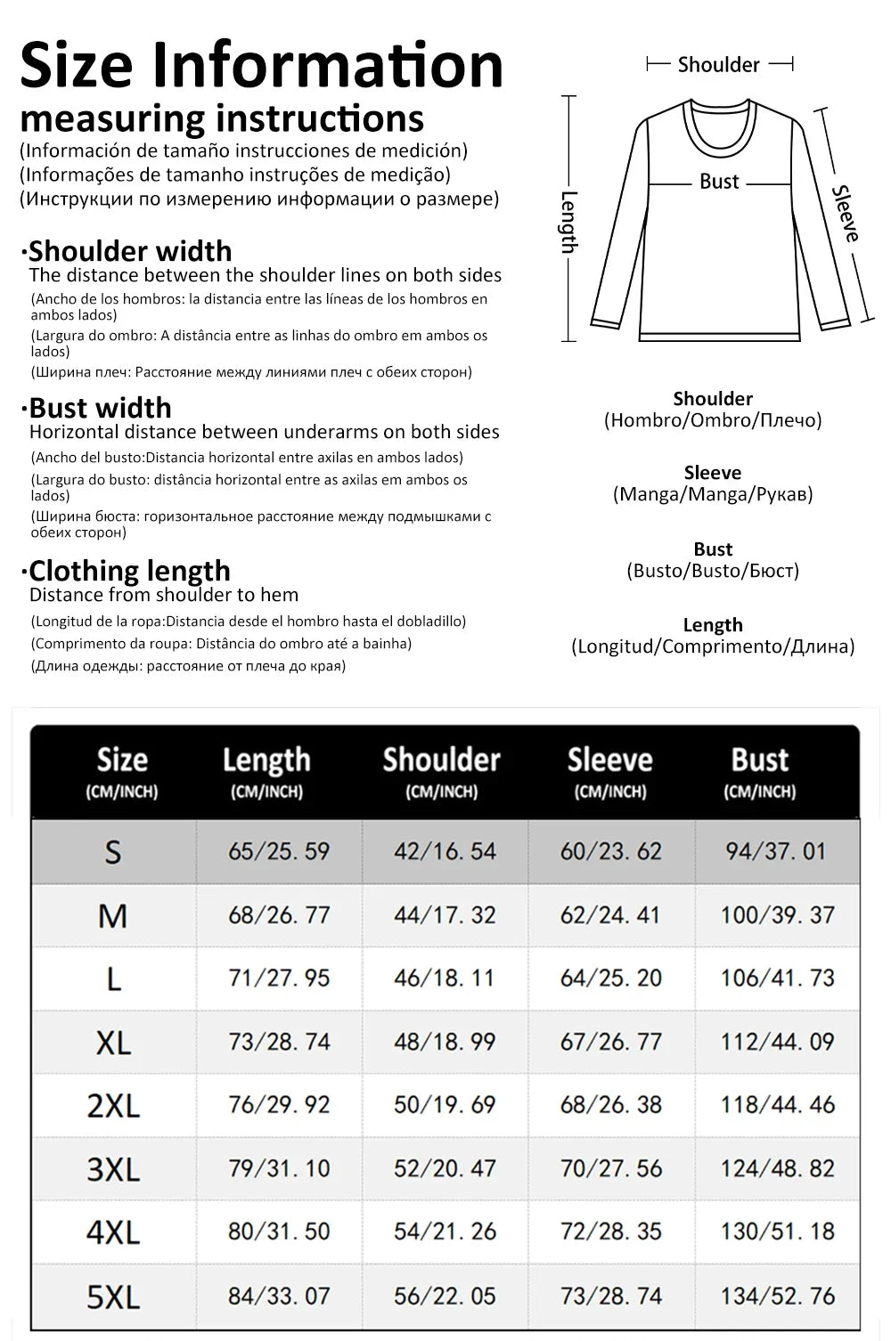 Size chart and measuring instructions for a long-sleeve shirt with labeled dimensions.