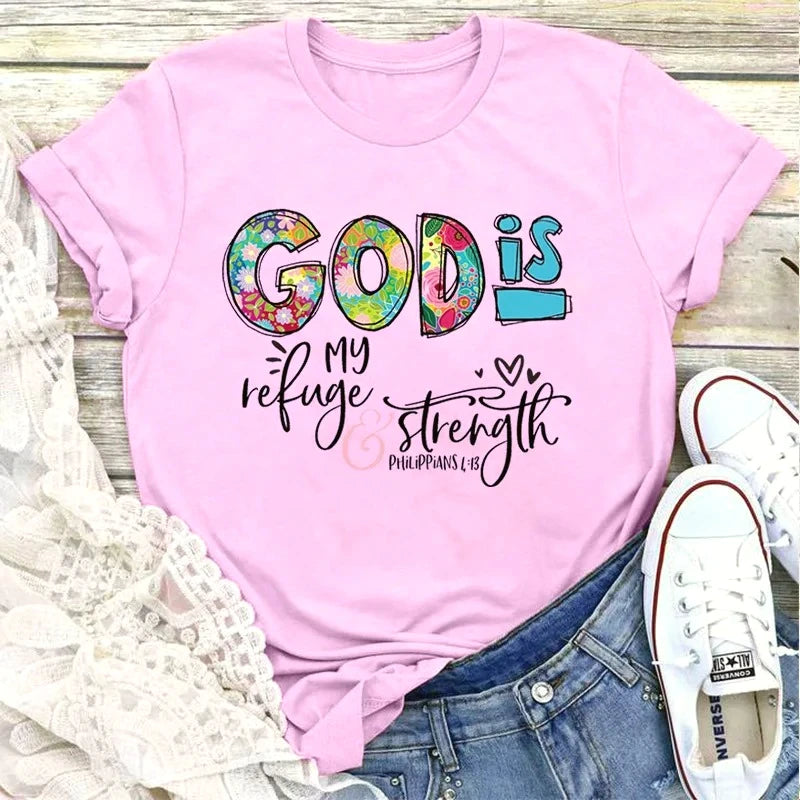 GOD IS My Refuge and Strength Creative Printed Casual Short Sleeve T-shirt