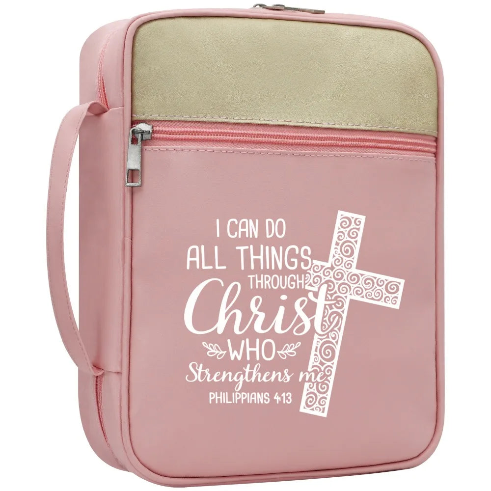 Christian Bible Cover with Handle – "I Can Do All Things Through Christ" Zipper Bible Case Organizer