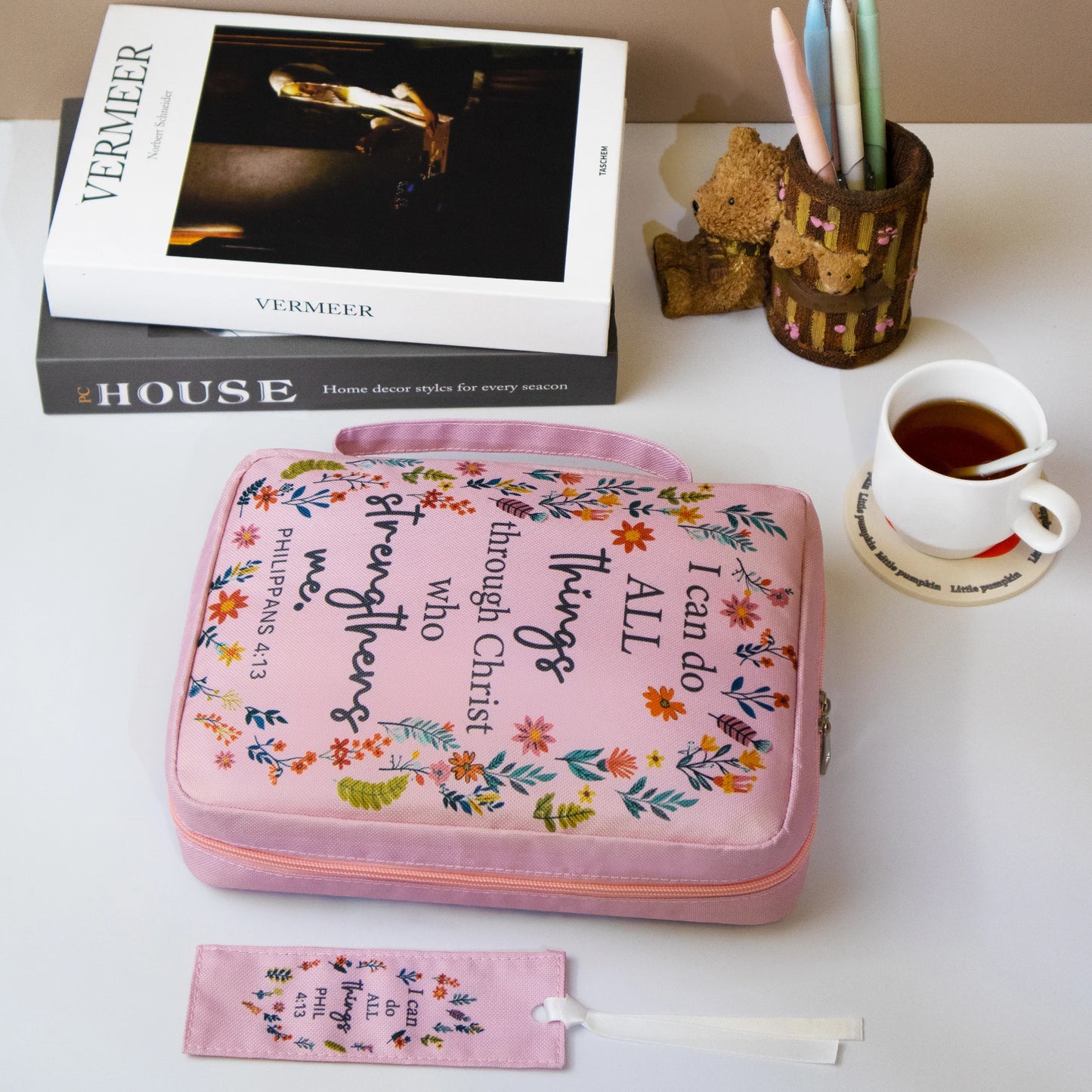 Pink Floral Philippians 4:13 Bible Cover for Women | Zipper Scripture Case with Handle
