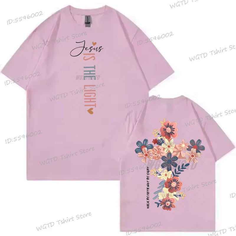Jesus Is The Light Inspirational Floral Cross T Shirt