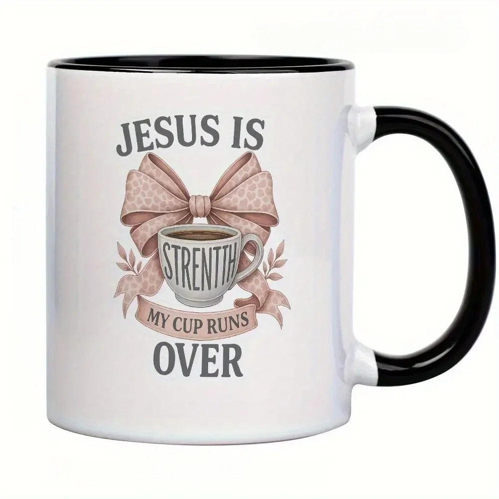 Jesus Is My Strength Ceramic Coffee Mug – Floral Bow Scripture Mug