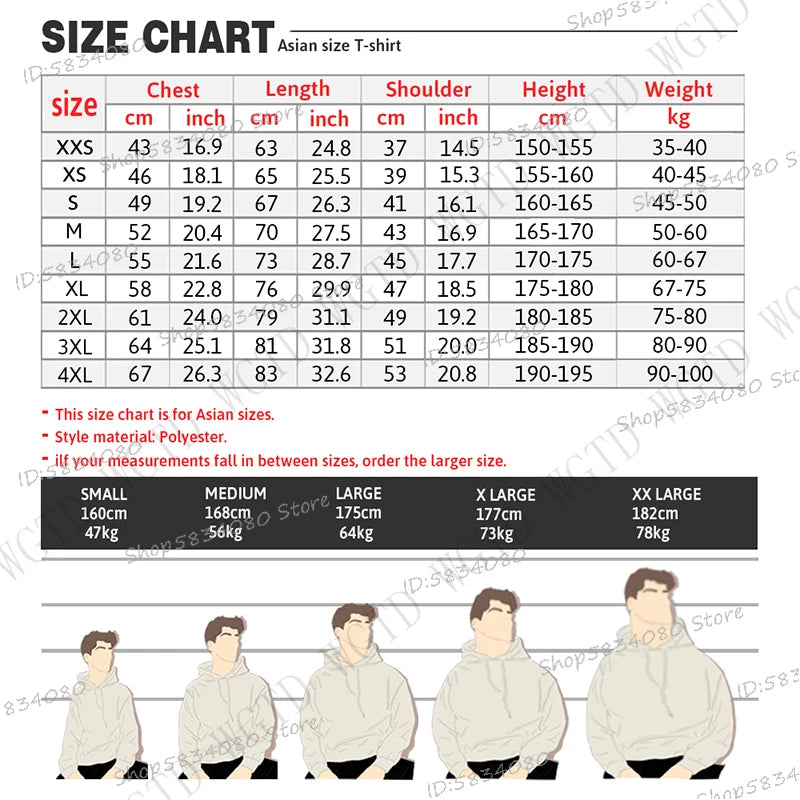Size chart for Asian T-shirt sizes with measurements and a model wearing the shirt.