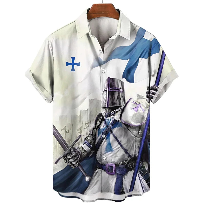 Short-sleeve shirt with a knight design on a white background