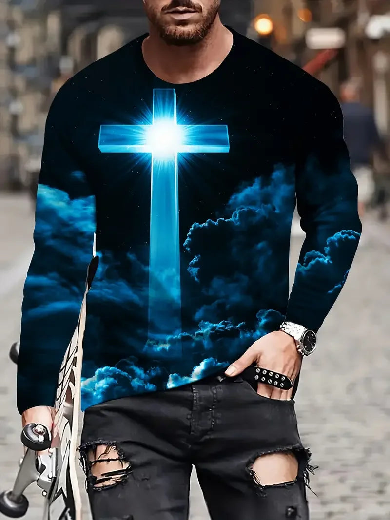 Christian Pattern Long Sleeve Crew Neck 3D Printed T-Shirts
