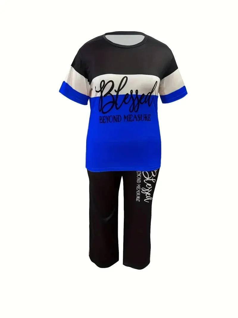 Women's Casual Colorblock Short-Sleeved Printed Loose Pocket Pants Suit
