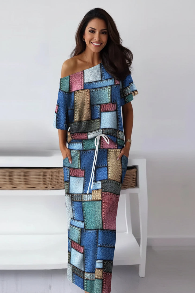 Elegant African Half Sleeve Polyester Print 2pieces Skirt Sets