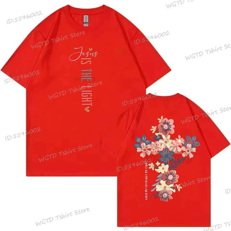 Jesus Is The Light Inspirational Floral Cross T Shirt