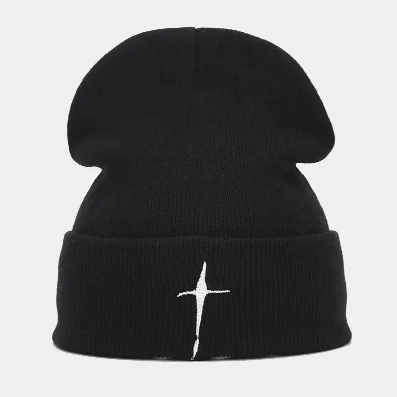 Embroidered Cross Knit Hat