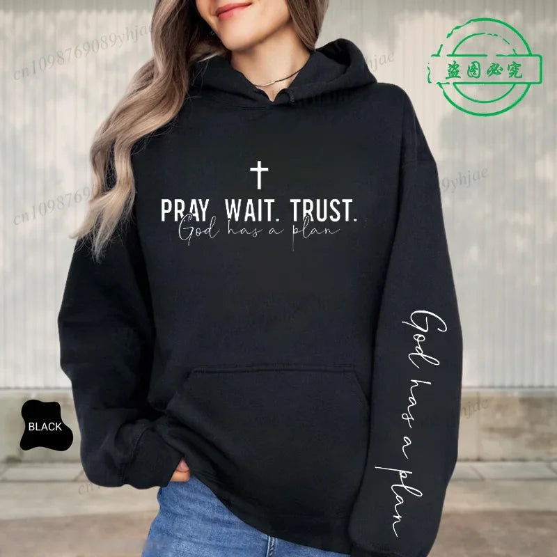 Pray, Wait, Trust Christian Hoodie – Inspirational Faith Pullover Sweatshirt
