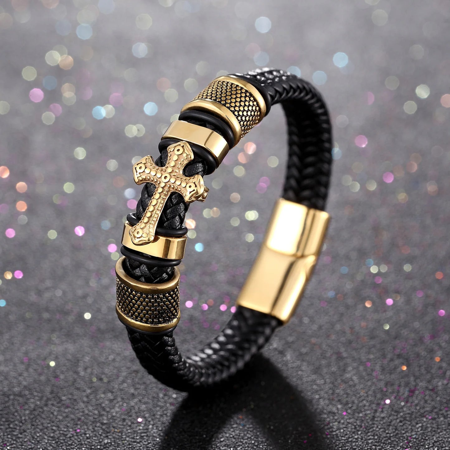 Stainless Steel Cross on Braided Multilayer Leather Bracelet