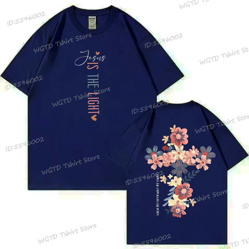 Jesus Is The Light Inspirational Floral Cross T Shirt