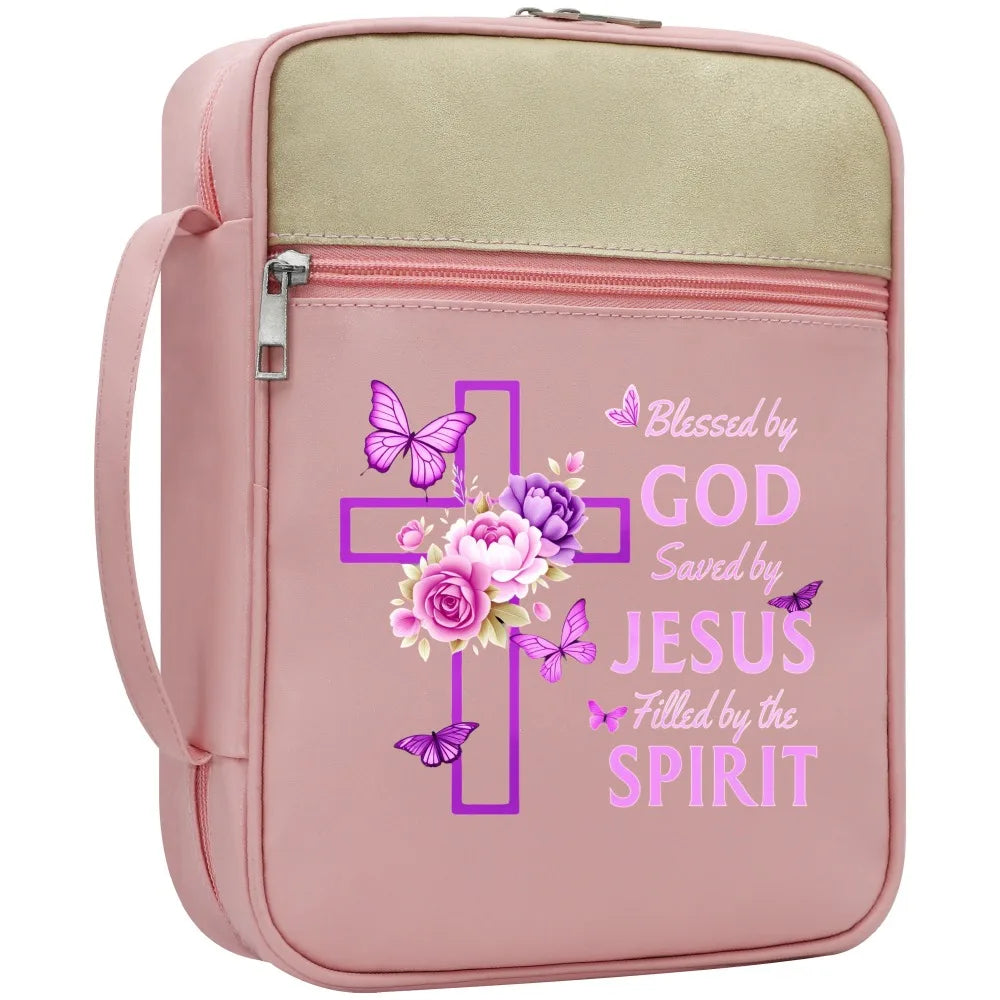 Christian Bible Cover with Handle – "Blessed by God, Saved by Jesus, Filled by the Spirit" Zipper Bible Case