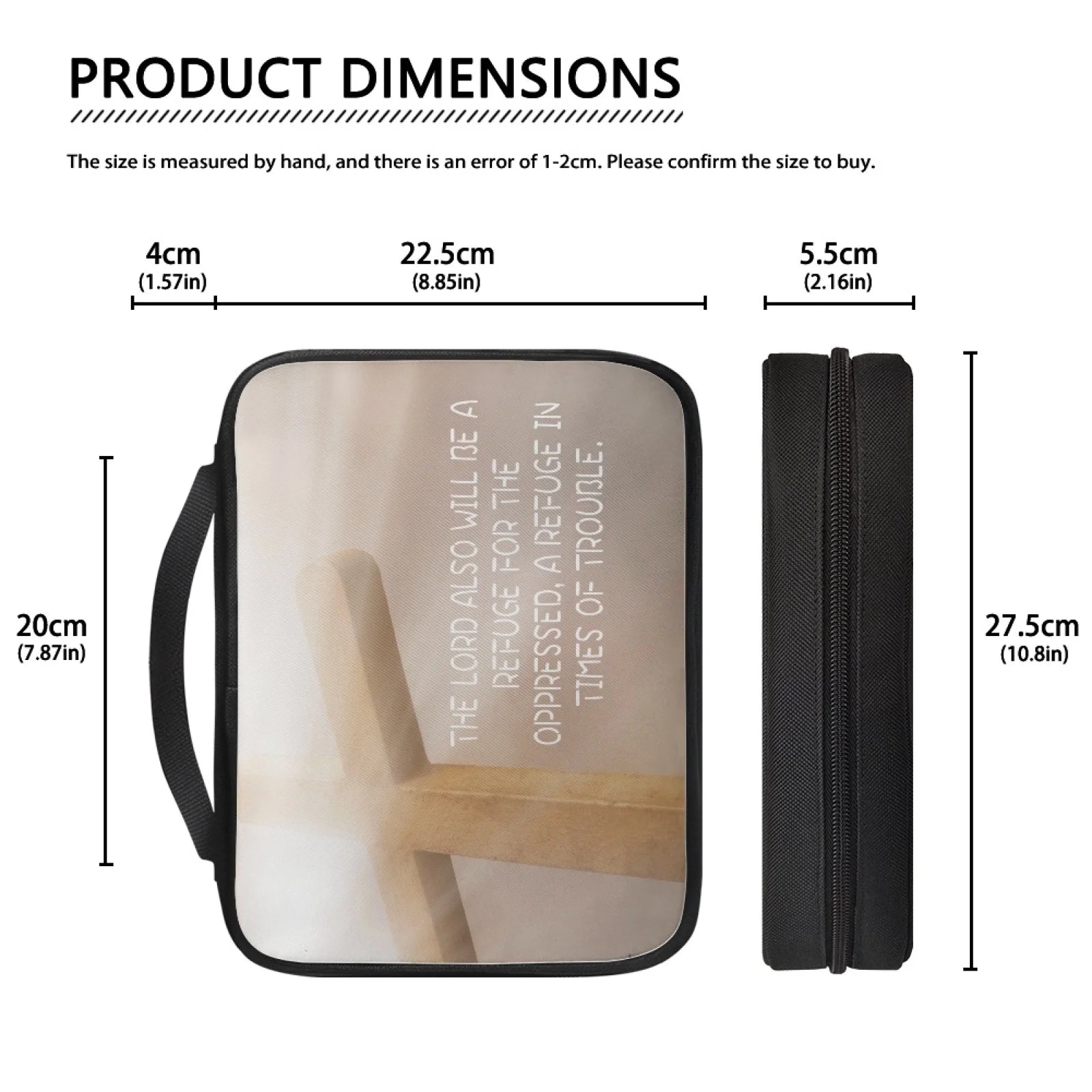 Product dimensions of a bag with a wooden cross design and text, shown with measurements.