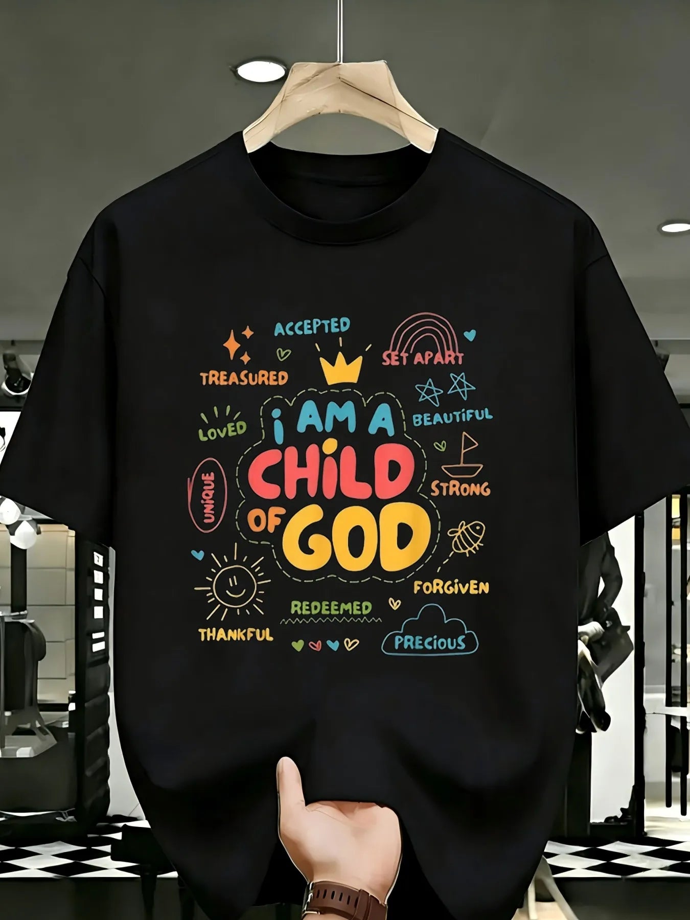 A black short-sleeve t-shirt hanging on a wooden hanger, featuring a colorful graphic print with the text 'I AM A CHILD OF GOD' surrounded by positive affirmations like 'LOVED', 'ACCEPTED', and 'THANKFUL'. A hand is holding the bottom edge of the shirt.