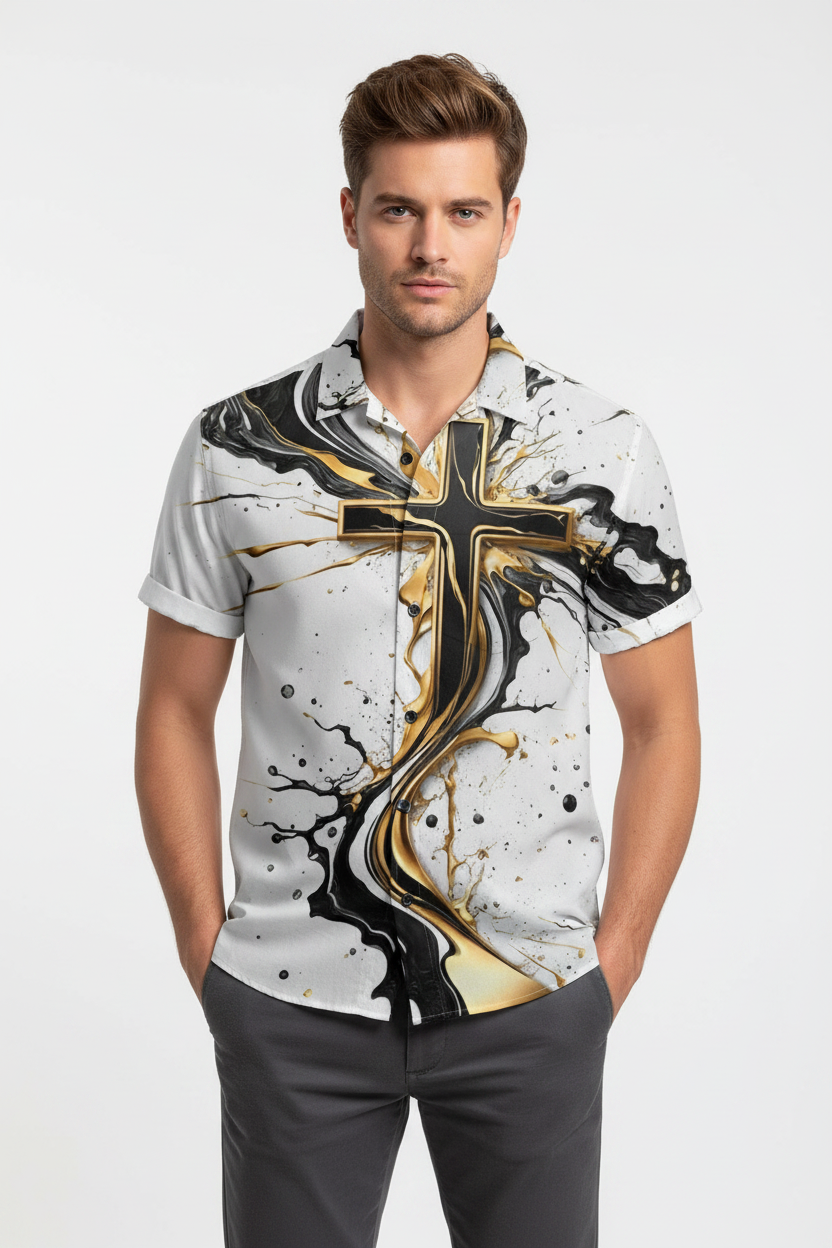 Artistic Cross Button-Up Hawaiian Shirt | Christian Men's Summer Shirt