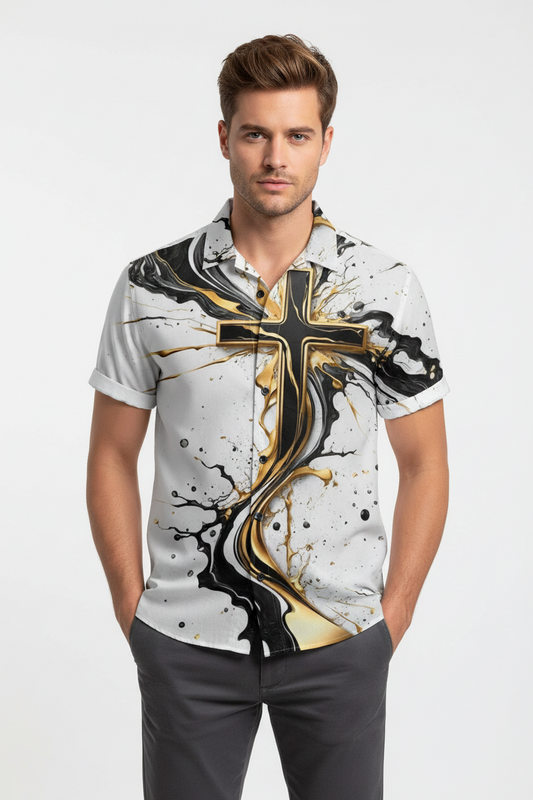 Artistic Cross Button-Up Hawaiian Shirt | Christian Men's Summer Shirt