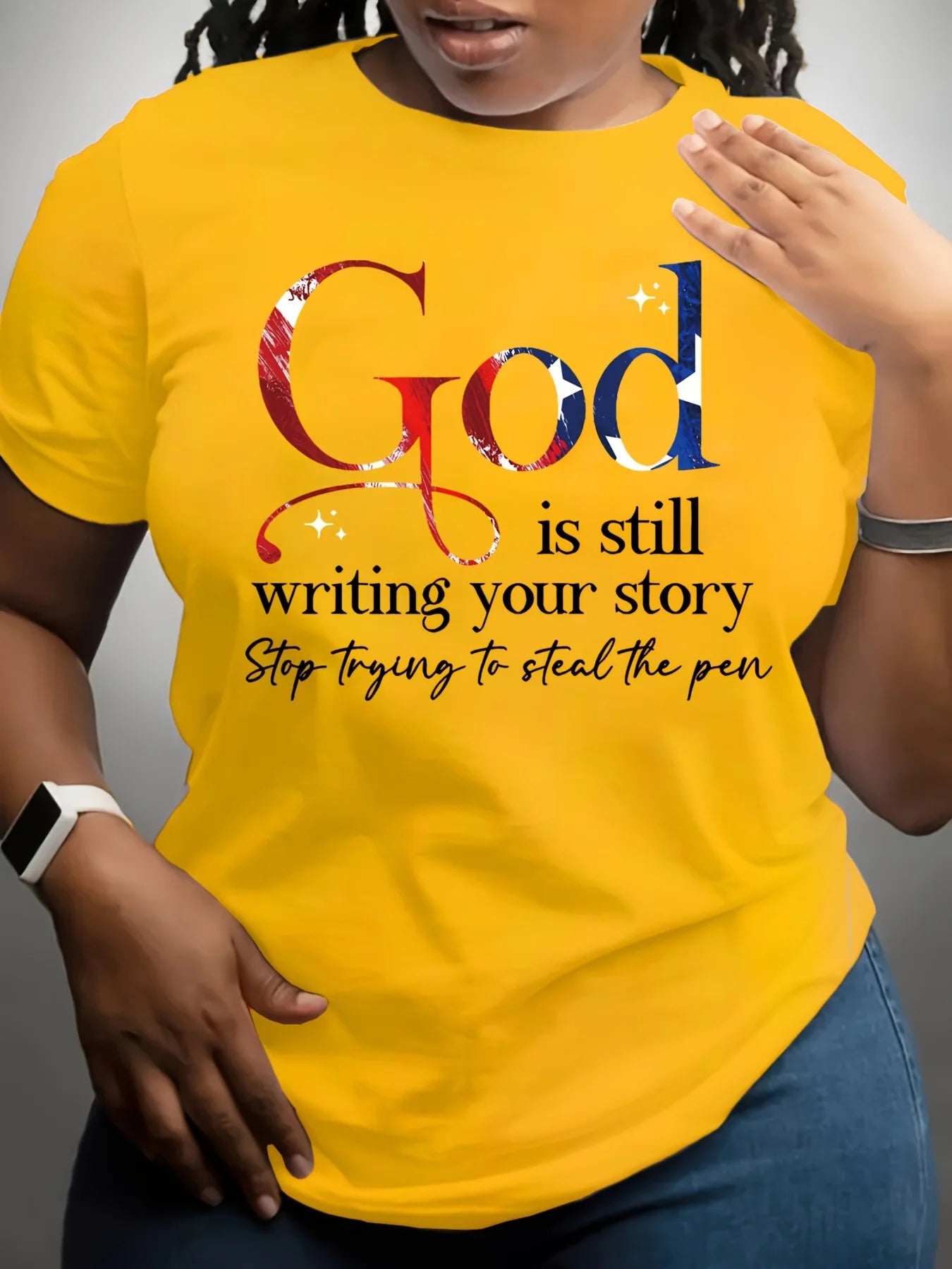 Person wearing a yellow t-shirt with motivational quote