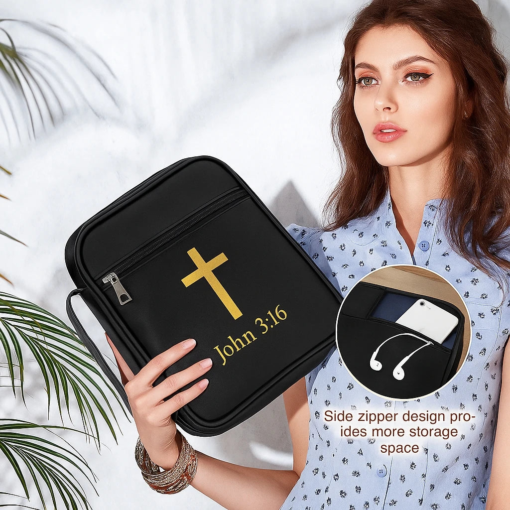 Leather Bible Cover Organizer with Handle & Zipper Pocket – Large Capacity Bible Carrying Case