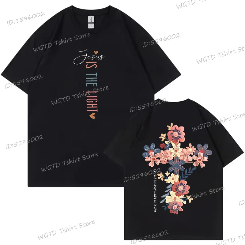 Jesus Is The Light Inspirational Floral Cross T Shirt