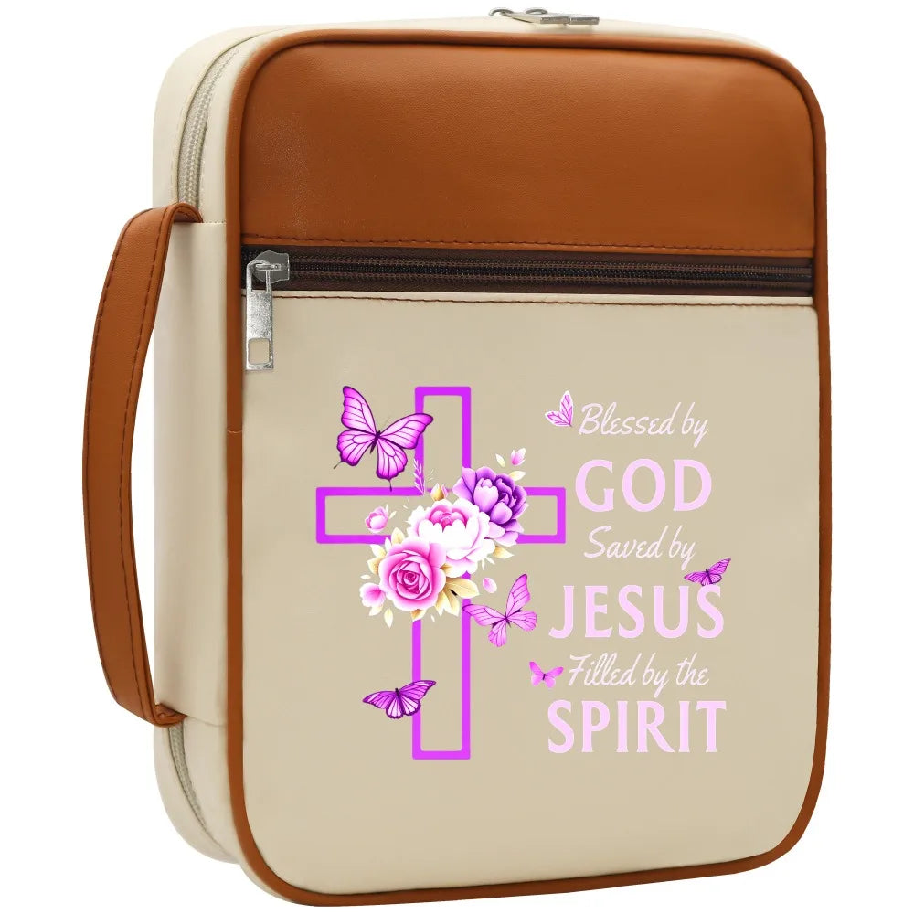 Christian Bible Cover with Handle – "Blessed by God, Saved by Jesus, Filled by the Spirit" Zipper Bible Case