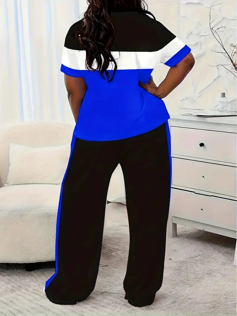 Women's Casual Colorblock Short-Sleeved Printed Loose Pocket Pants Suit