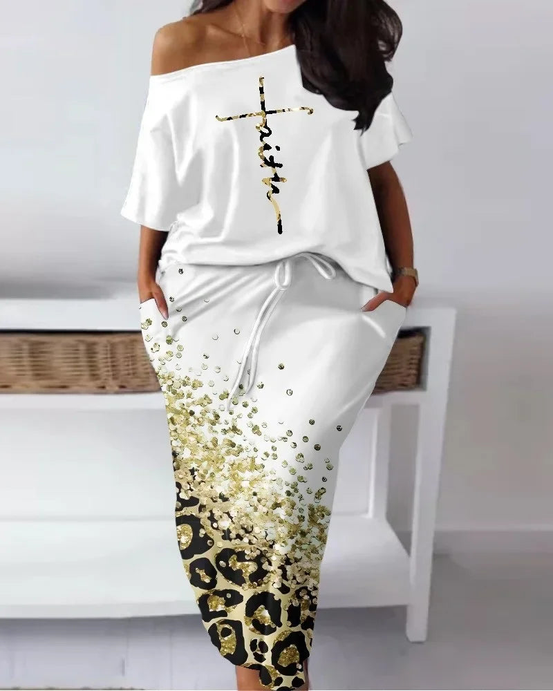 Elegant African Half Sleeve Polyester Print 2pieces Skirt Sets