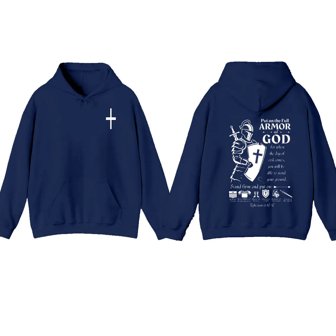 Navy blue hoodie with white graphics on a white background