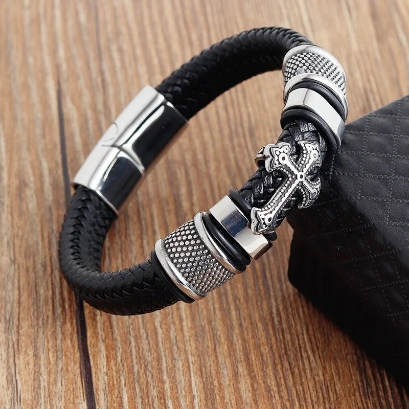 Black braided leather bracelet with silver metal clasp 