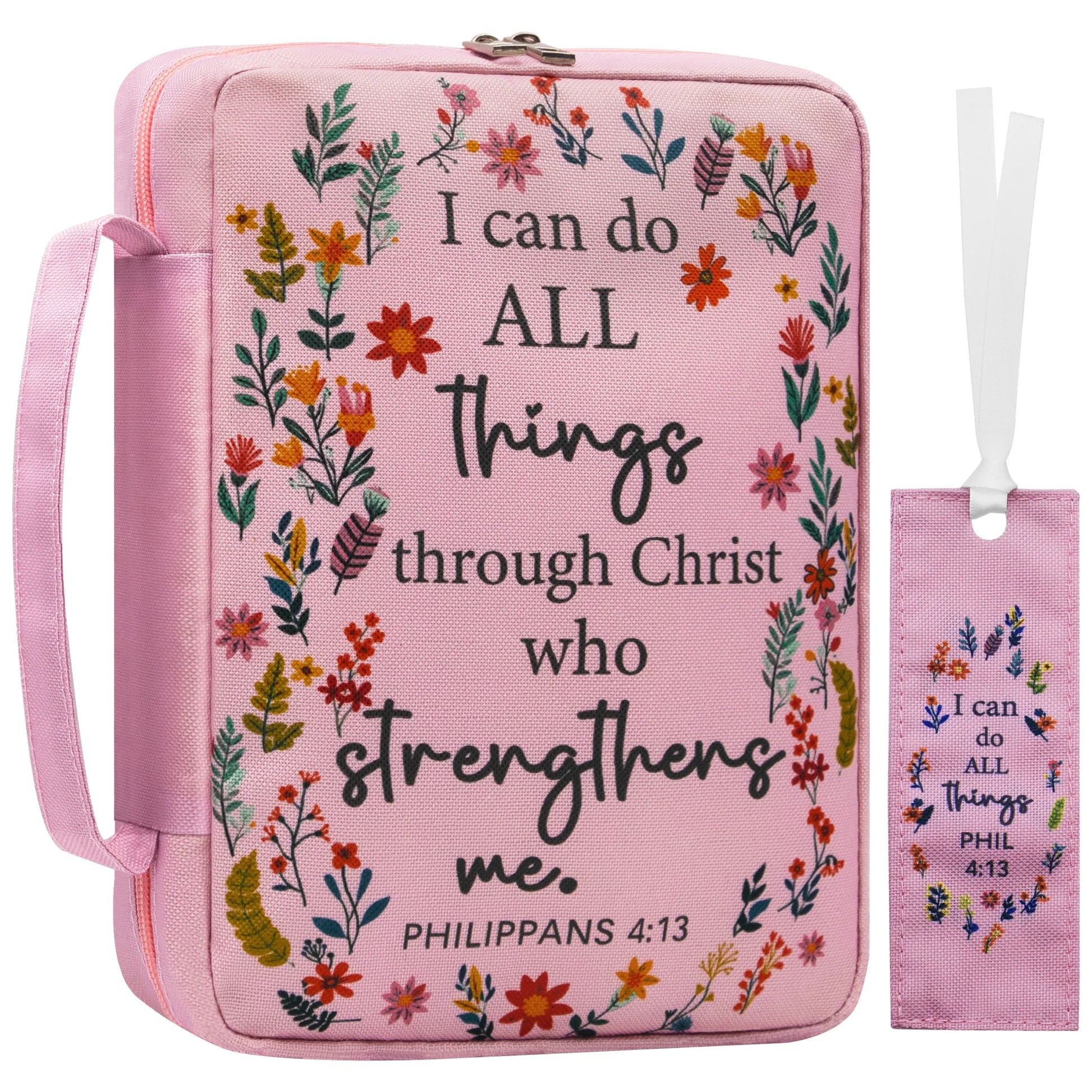 Pink floral Philippians 4:13 canvas Bible case and matching bookmark for women with zipper closure, carrying handle, pen holders, and organizer pockets