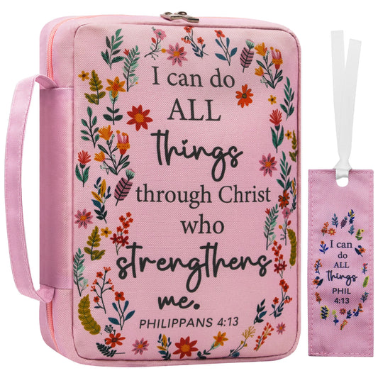 Pink floral Philippians 4:13 canvas Bible case and matching bookmark for women with zipper closure, carrying handle, pen holders, and organizer pockets