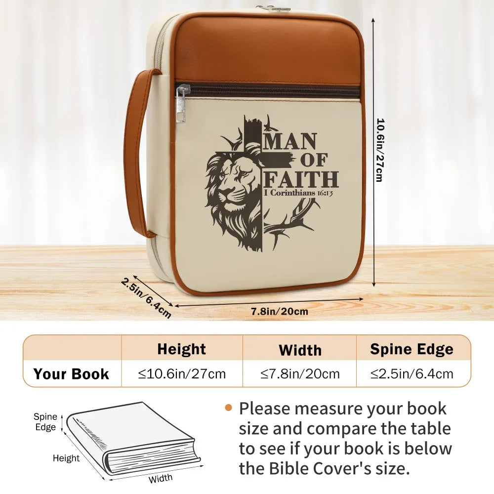 Men's "Man of Faith" Lion Cross Bible Cover with Handle – Christian Zipper Bible Case Organizer