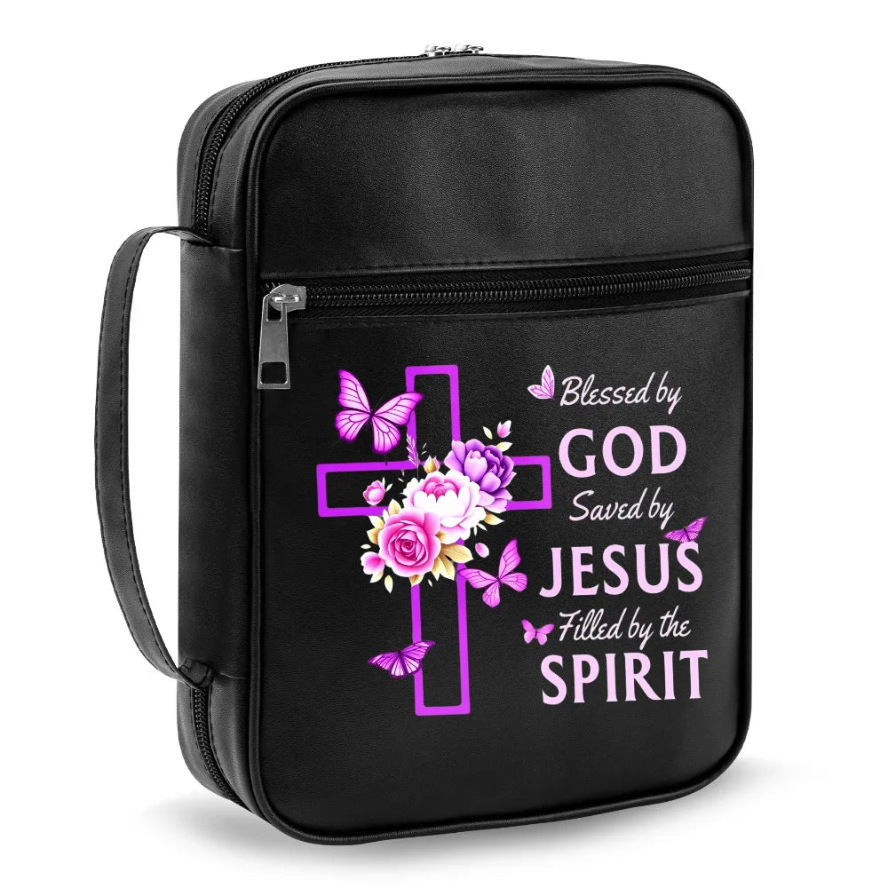 Christian Bible Cover with Handle – "Blessed by God, Saved by Jesus, Filled by the Spirit" Zipper Bible Case