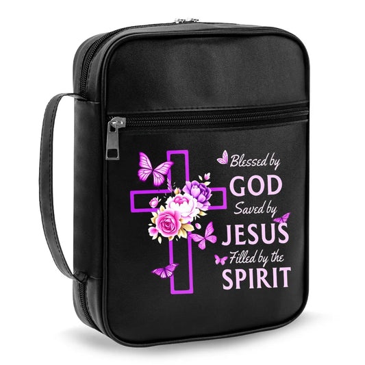 Christian Bible Cover with Handle – "Blessed by God, Saved by Jesus, Filled by the Spirit" Zipper Bible Case