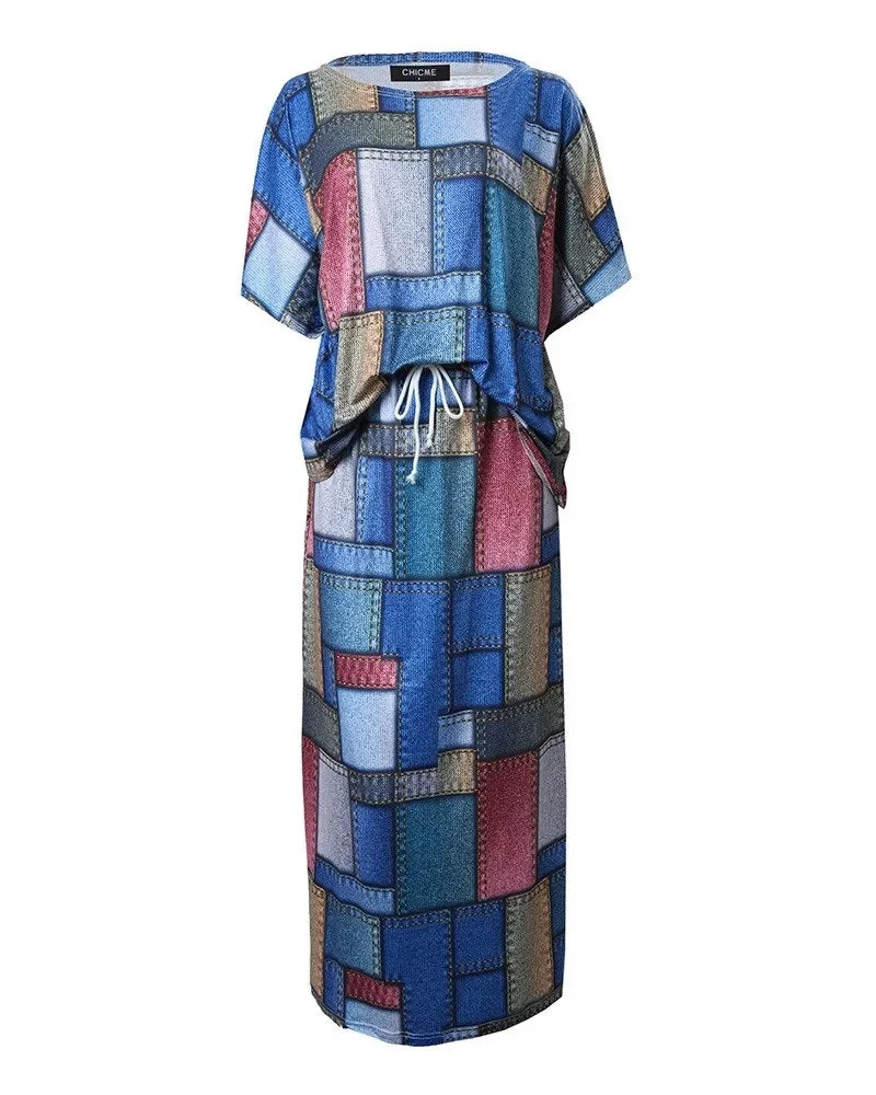 Elegant African Half Sleeve Polyester Print 2pieces Skirt Sets