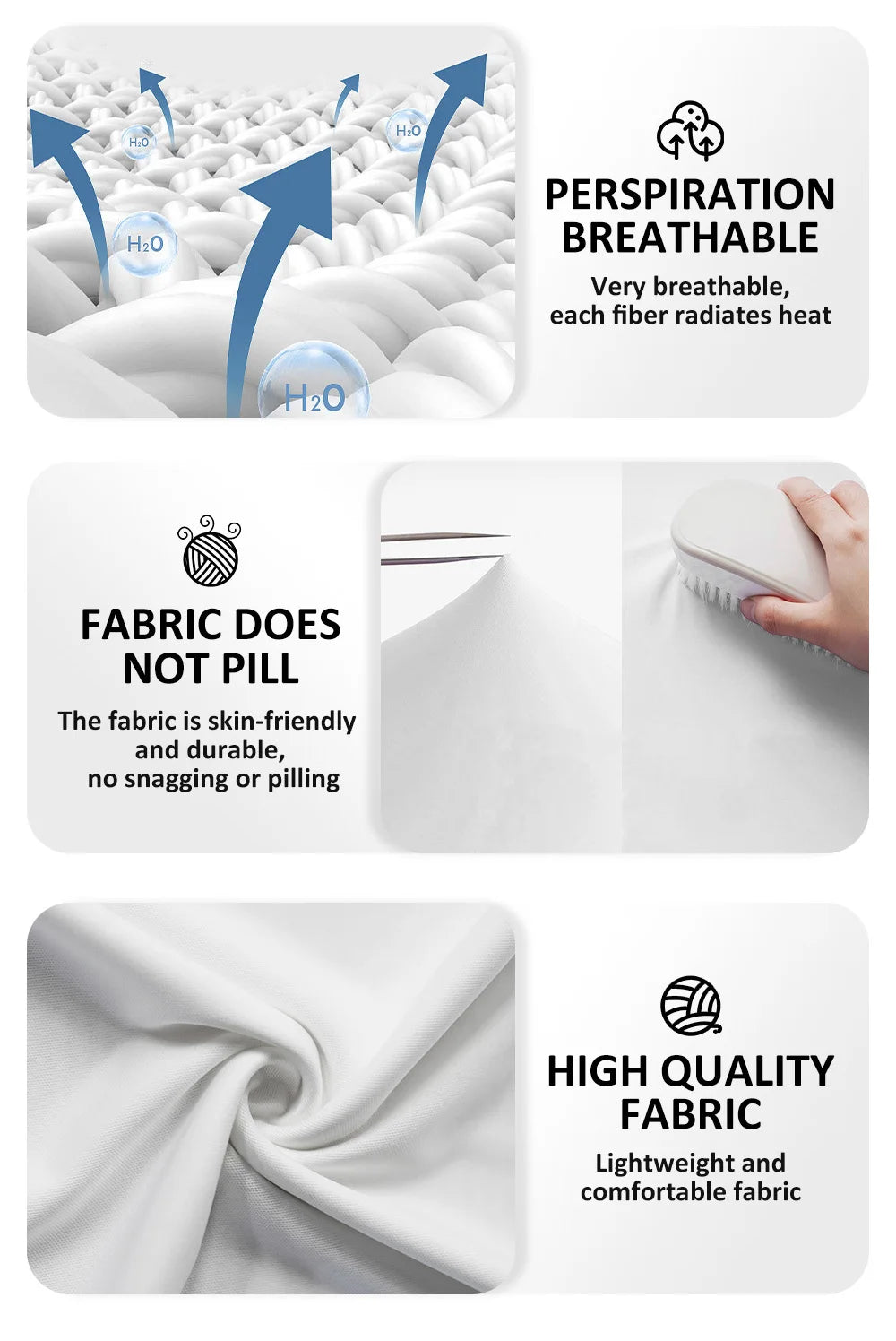 Textual description of fabric properties with images and text on a white background