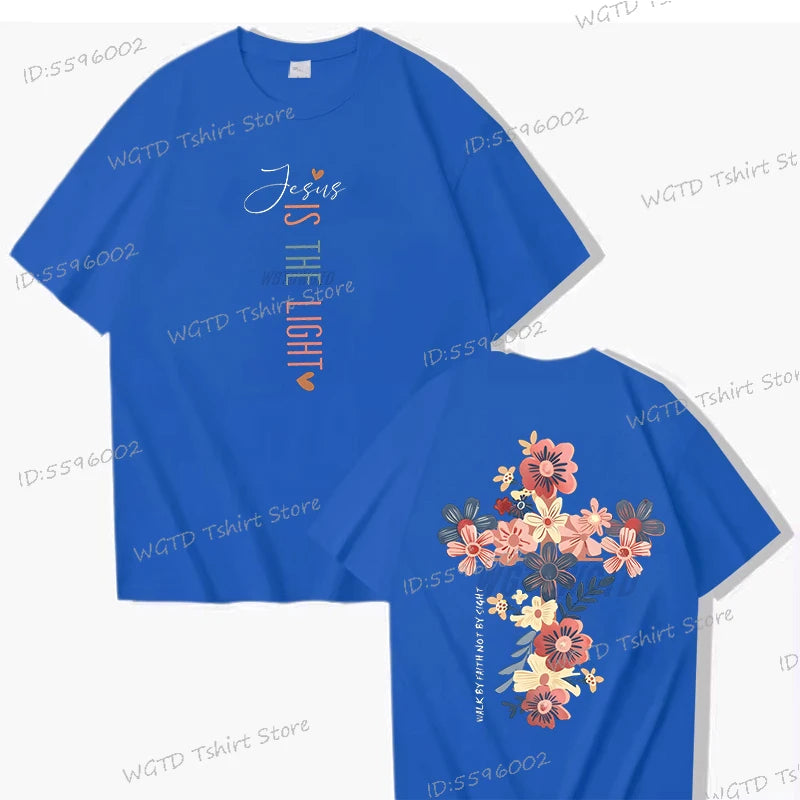 Jesus Is The Light Inspirational Floral Cross T Shirt