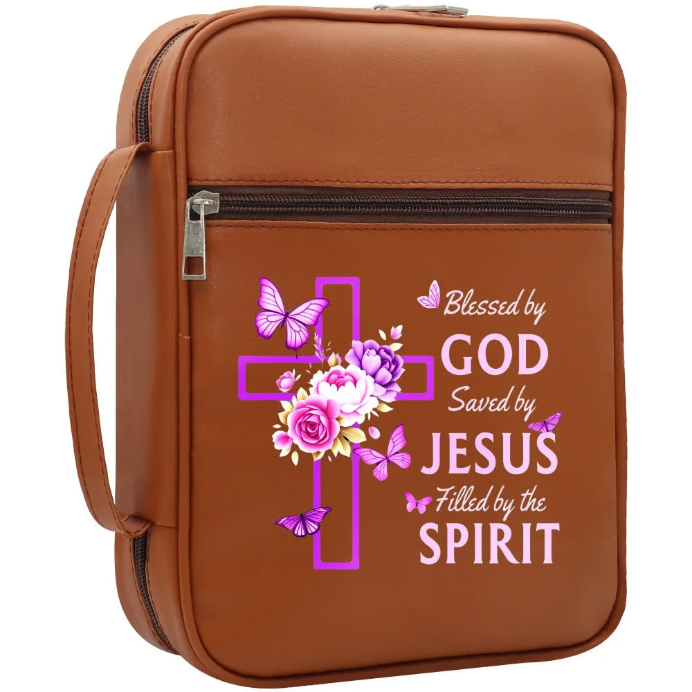 Christian Bible Cover with Handle – "Blessed by God, Saved by Jesus, Filled by the Spirit" Zipper Bible Case