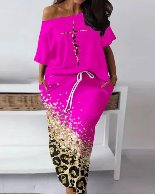 Elegant African Half Sleeve Polyester Print 2pieces Skirt Sets