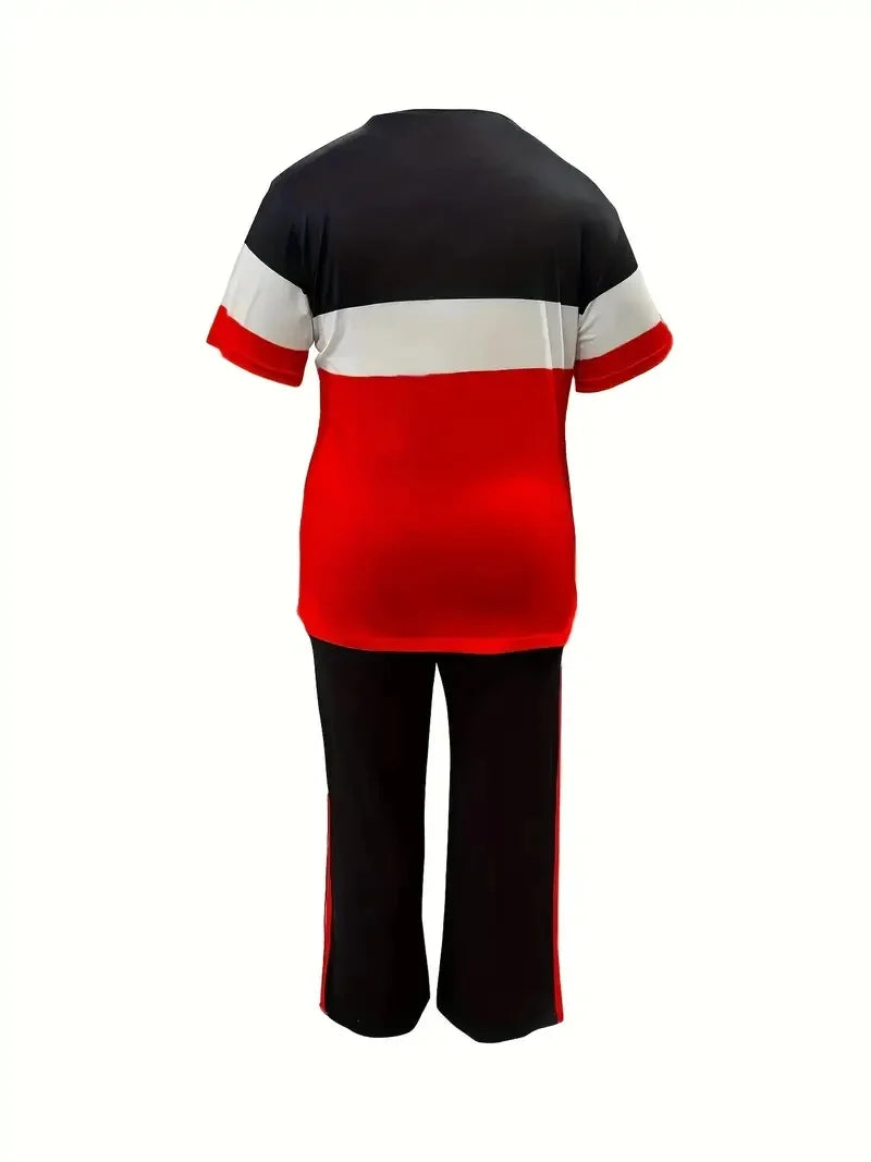 Women's Casual Colorblock Short-Sleeved Printed Loose Pocket Pants Suit