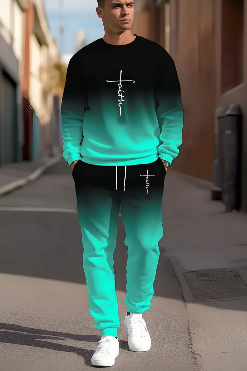 Person wearing a black and green gradient sweatshirt and pants with 'Faith' text on a blurred street background.